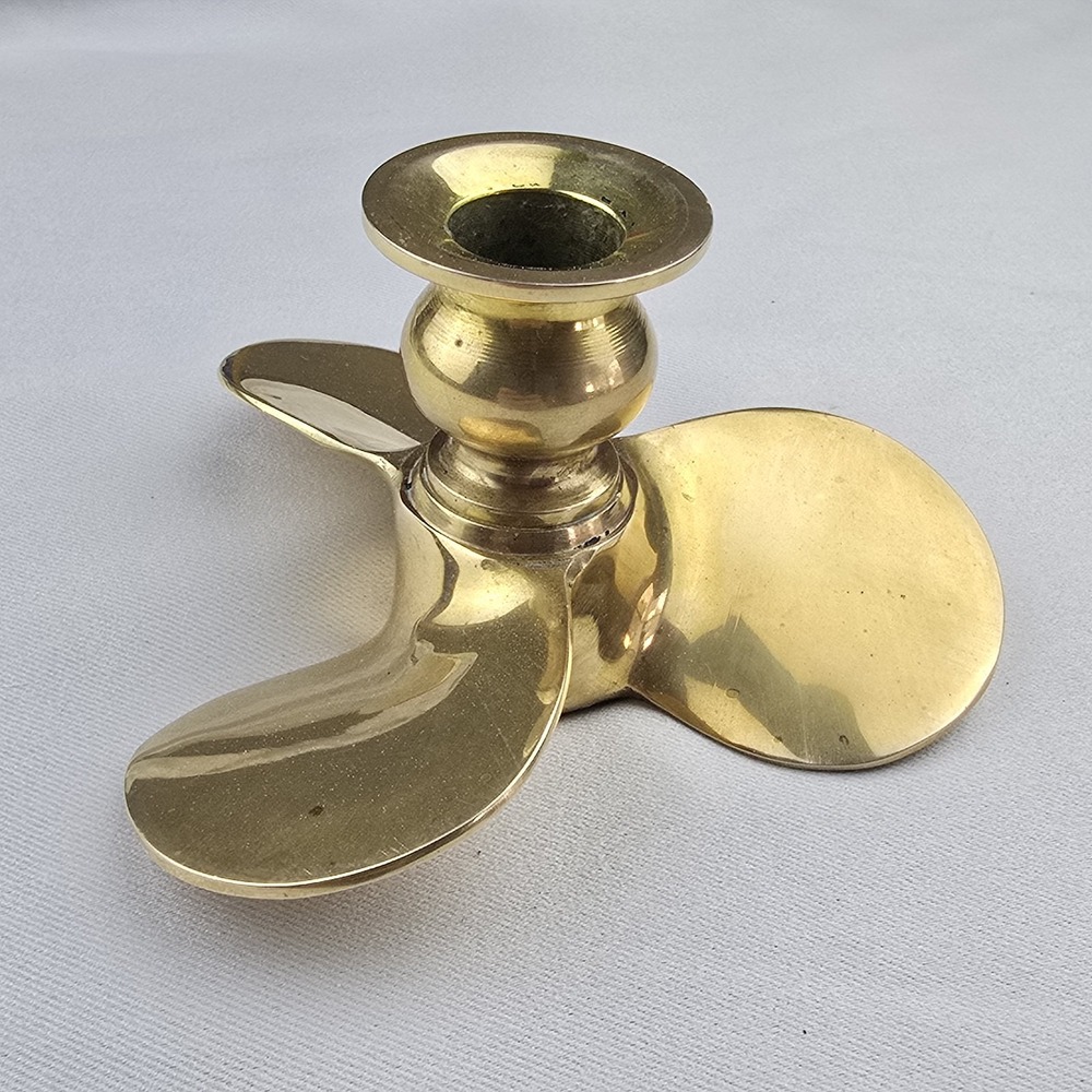 Vintage 1970s Solid Brass Ship Propeller Candlestick Holder Nautical Decor